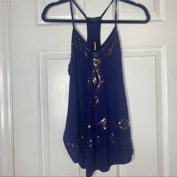 NWOT EXPRESS Tank Top Blue Grey Sequins Spaghetti Straps Sparkly Sleeveless - Picture 1 of 7